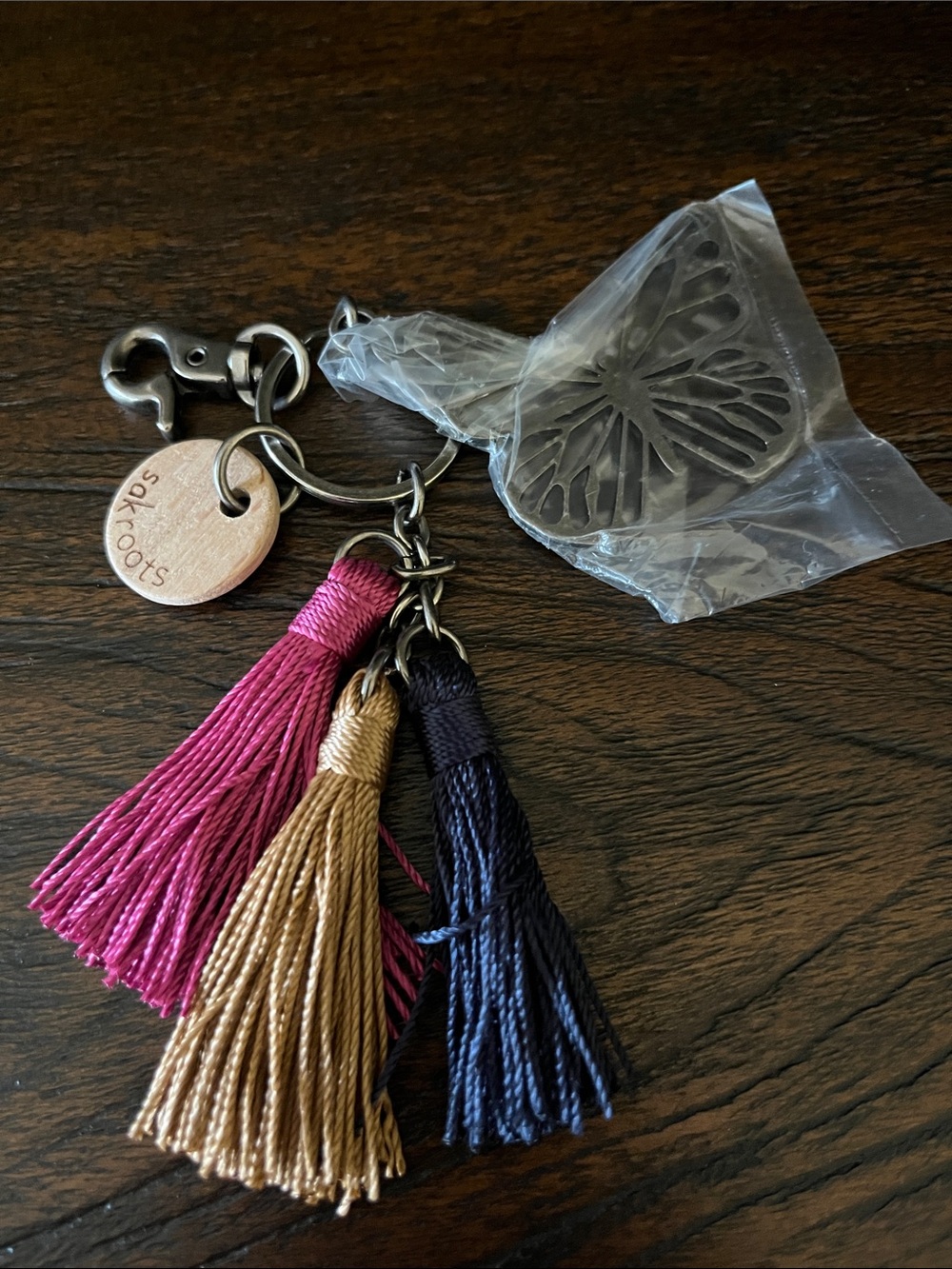 Sakroots Triple Tassel Keychain in Pink, Gold, Navy